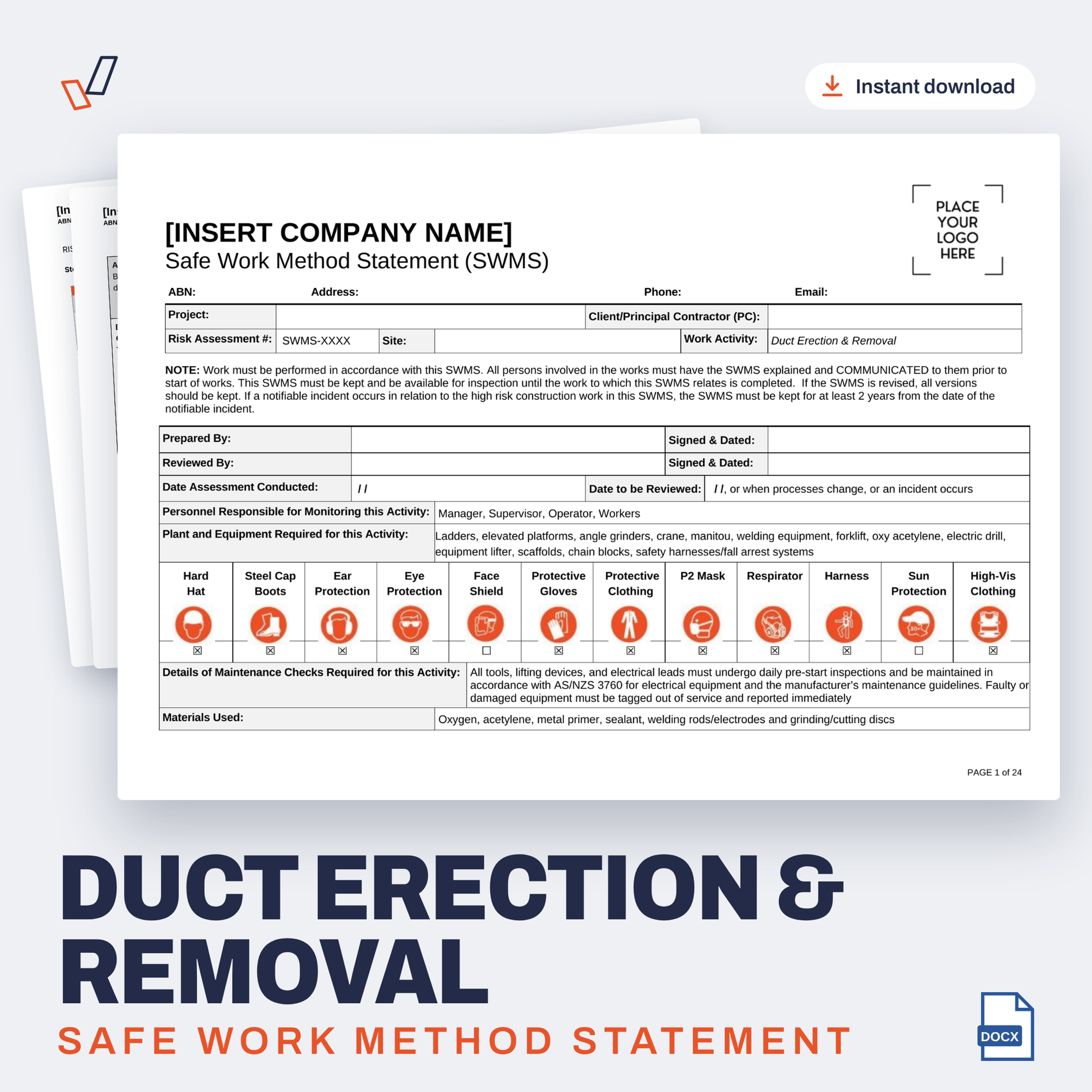 Duct Erection & Removal SWMS editable Word template cover, Everything OHS