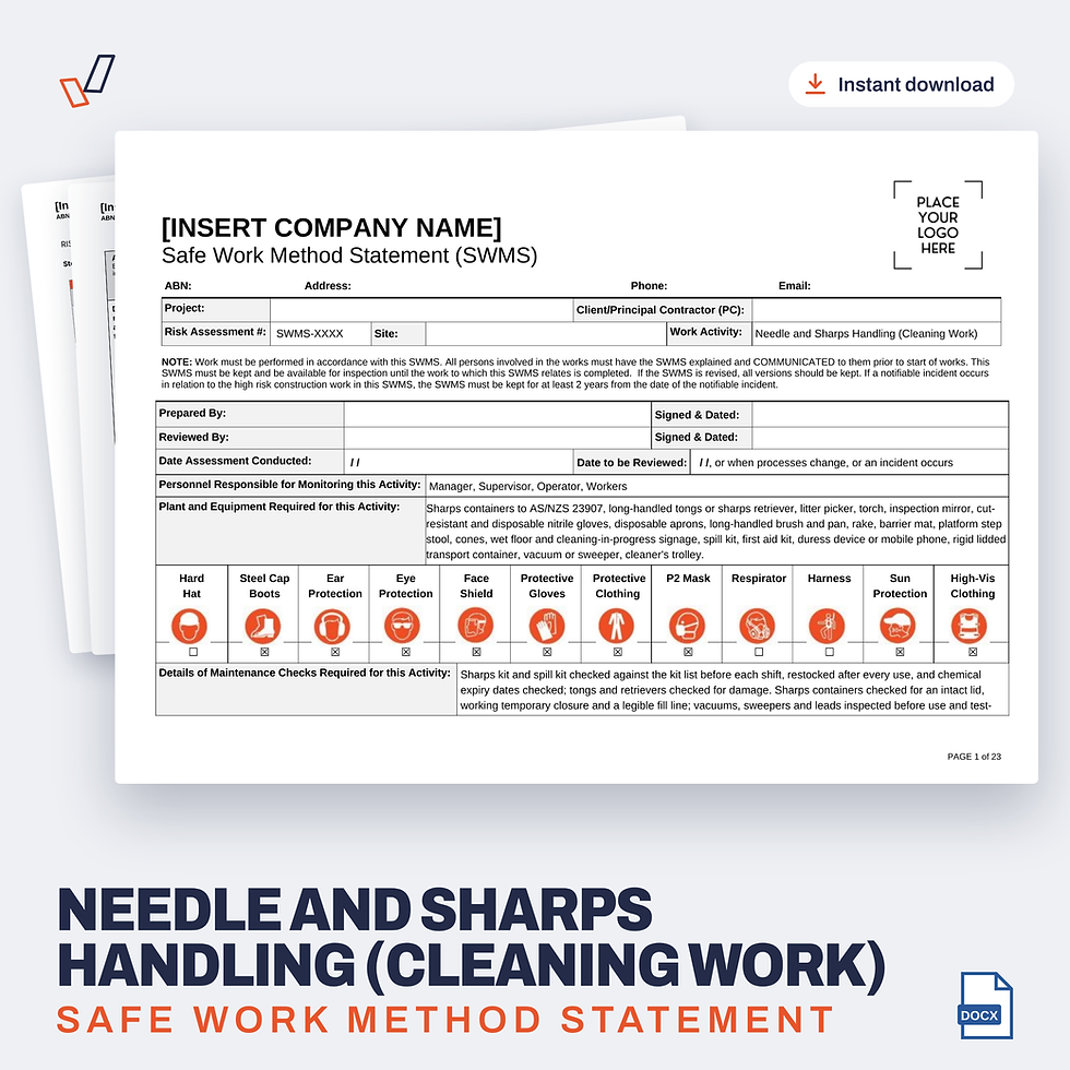 Needle and Sharps Handling (Cleaning Work) SWMS editable Word template cover, Everything OHS