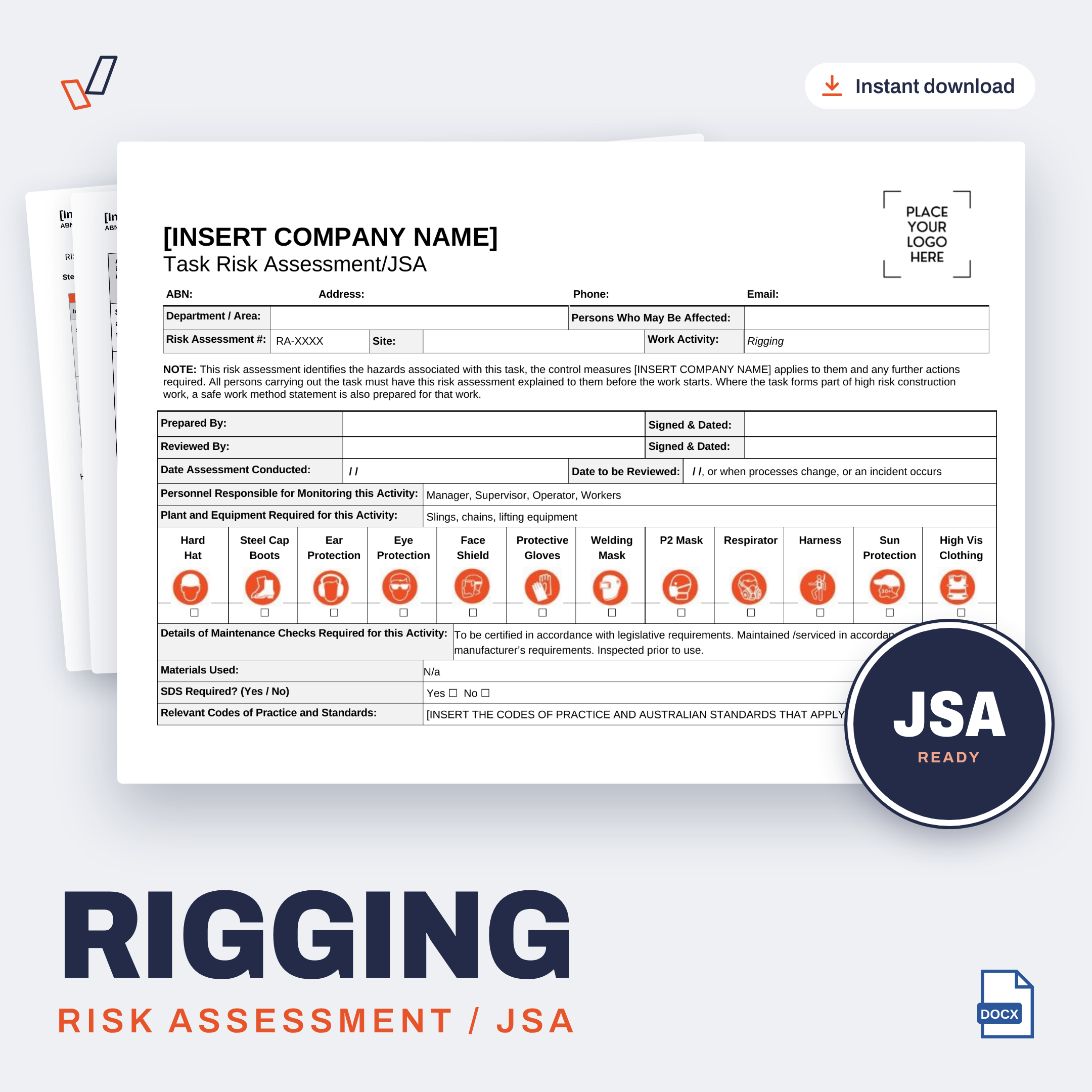 Rigging Risk Assessment/JSA editable Word template cover, Everything OHS