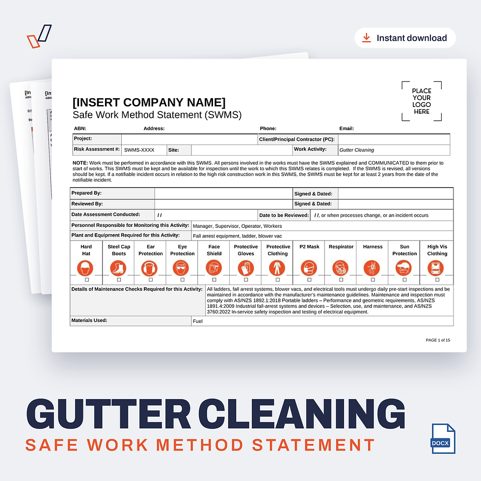 Gutter Cleaning SWMS editable Word template cover, Everything OHS