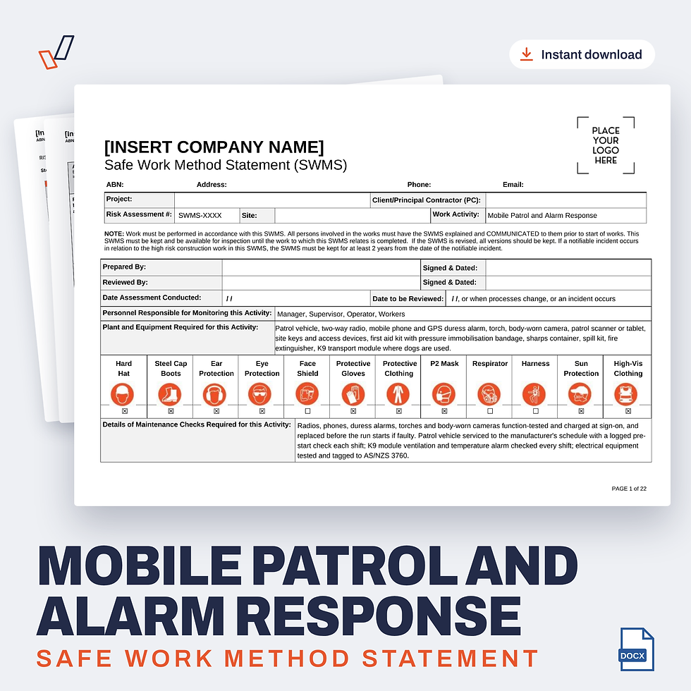 Mobile Patrol and Alarm Response SWMS editable Word template cover, Everything OHS