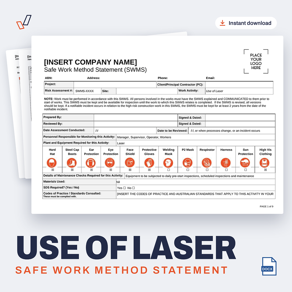 Use of Laser SWMS editable Word template cover, Everything OHS