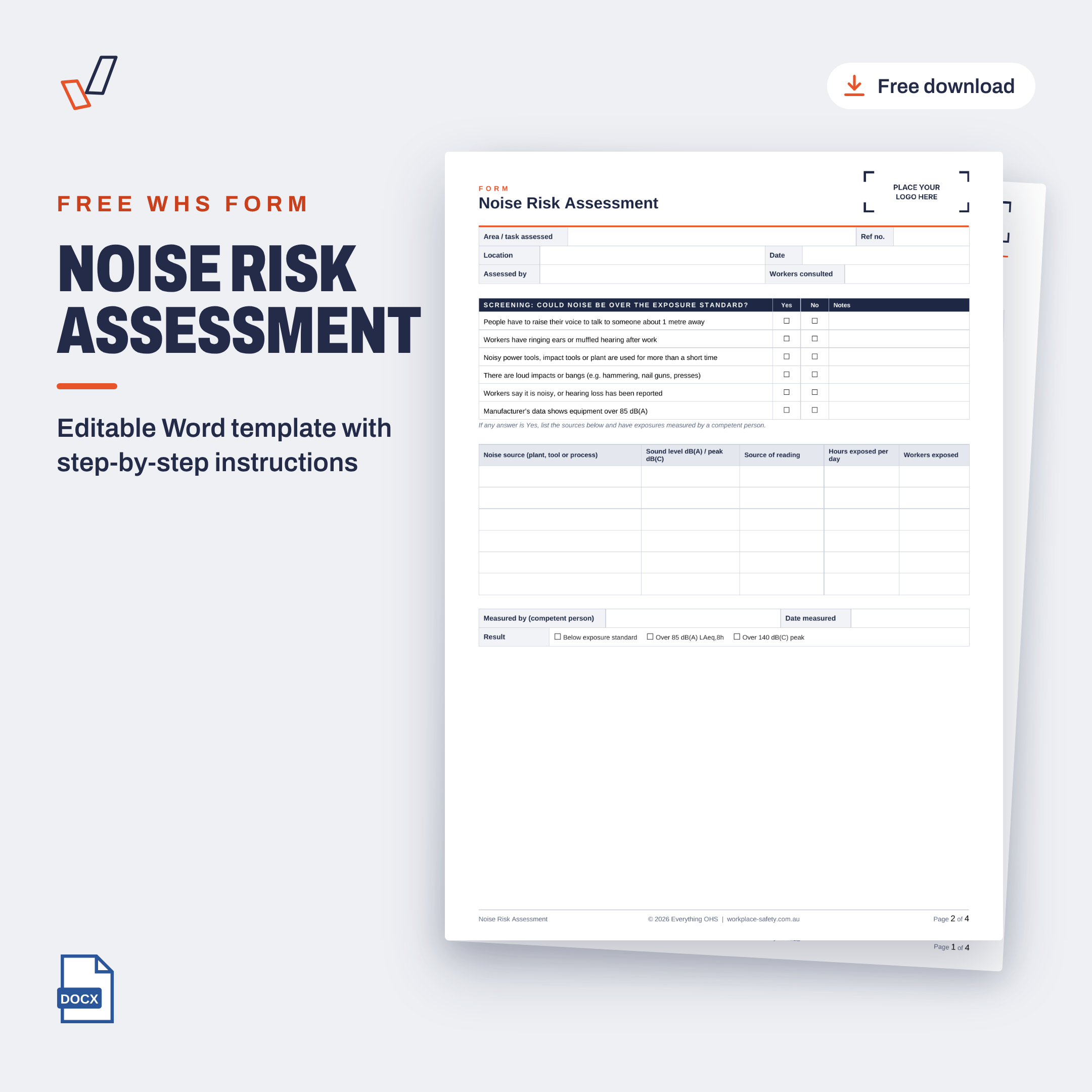 Free Noise Risk Assessment template in Word, showing the first page