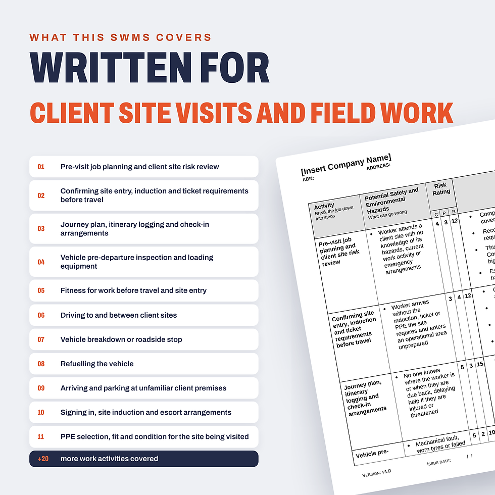 Work activities covered in the Client Site Visits and Field Work SWMS