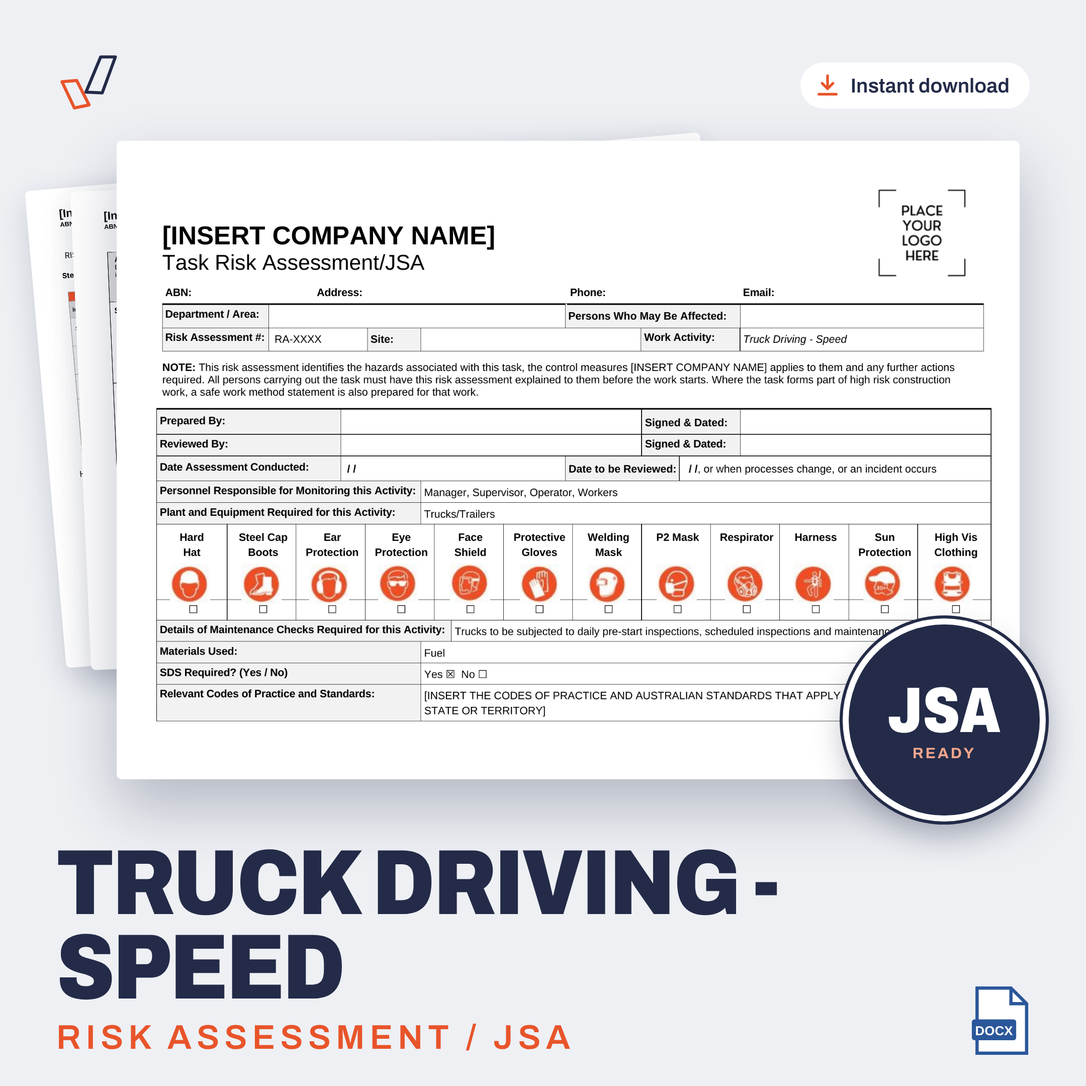 Truck Driving - Speed Risk Assessment/JSA editable Word template cover, Everything OHS