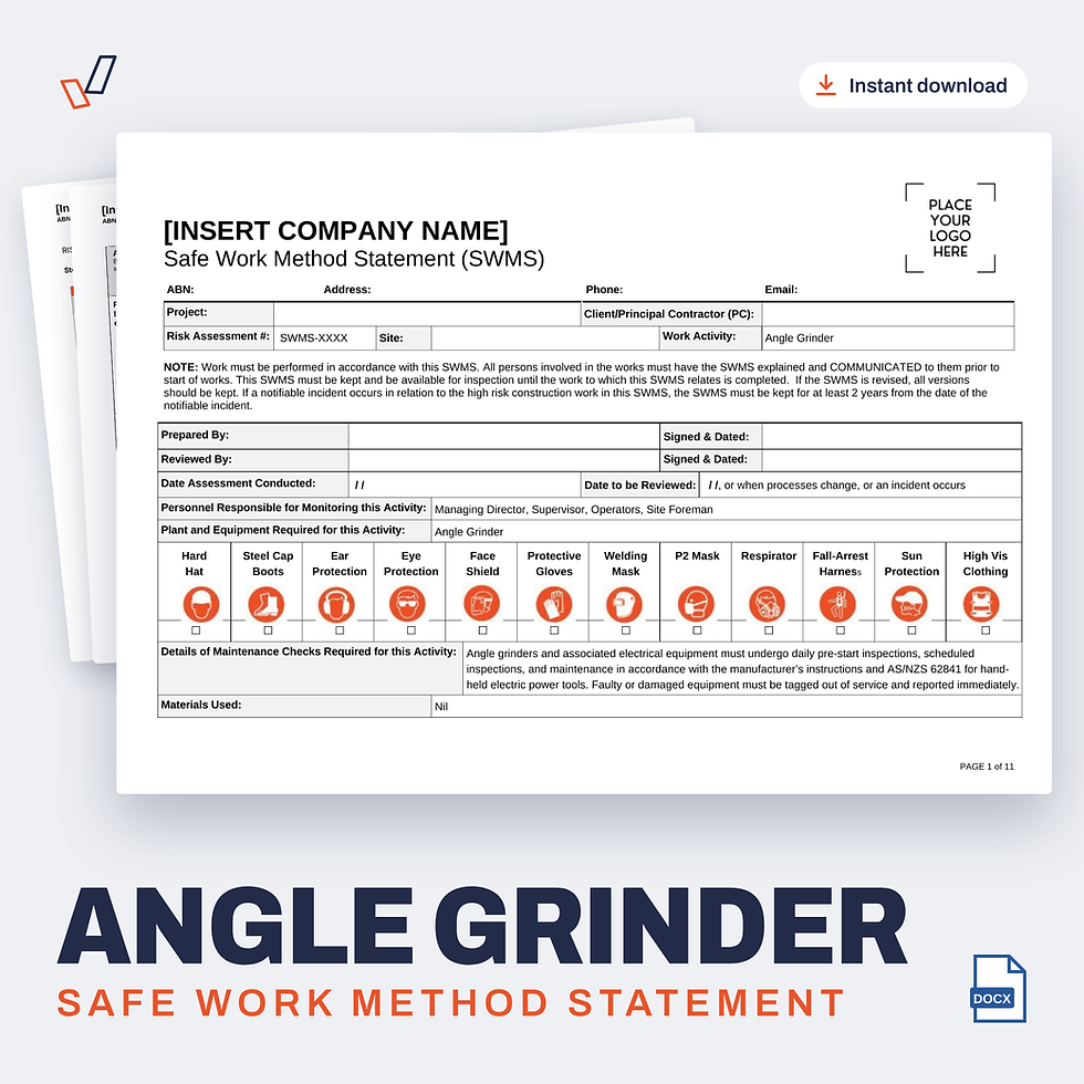 Angle Grinder SWMS editable Word template cover, Everything OHS