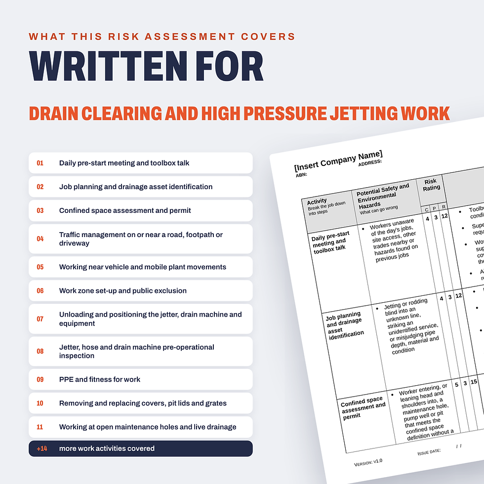 Work activities covered in the Drain Clearing and High Pressure Jetting Risk Assessment/JSA