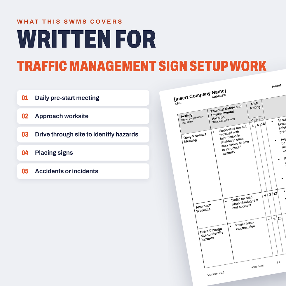 Work activities covered in the Traffic Management Sign Setup SWMS