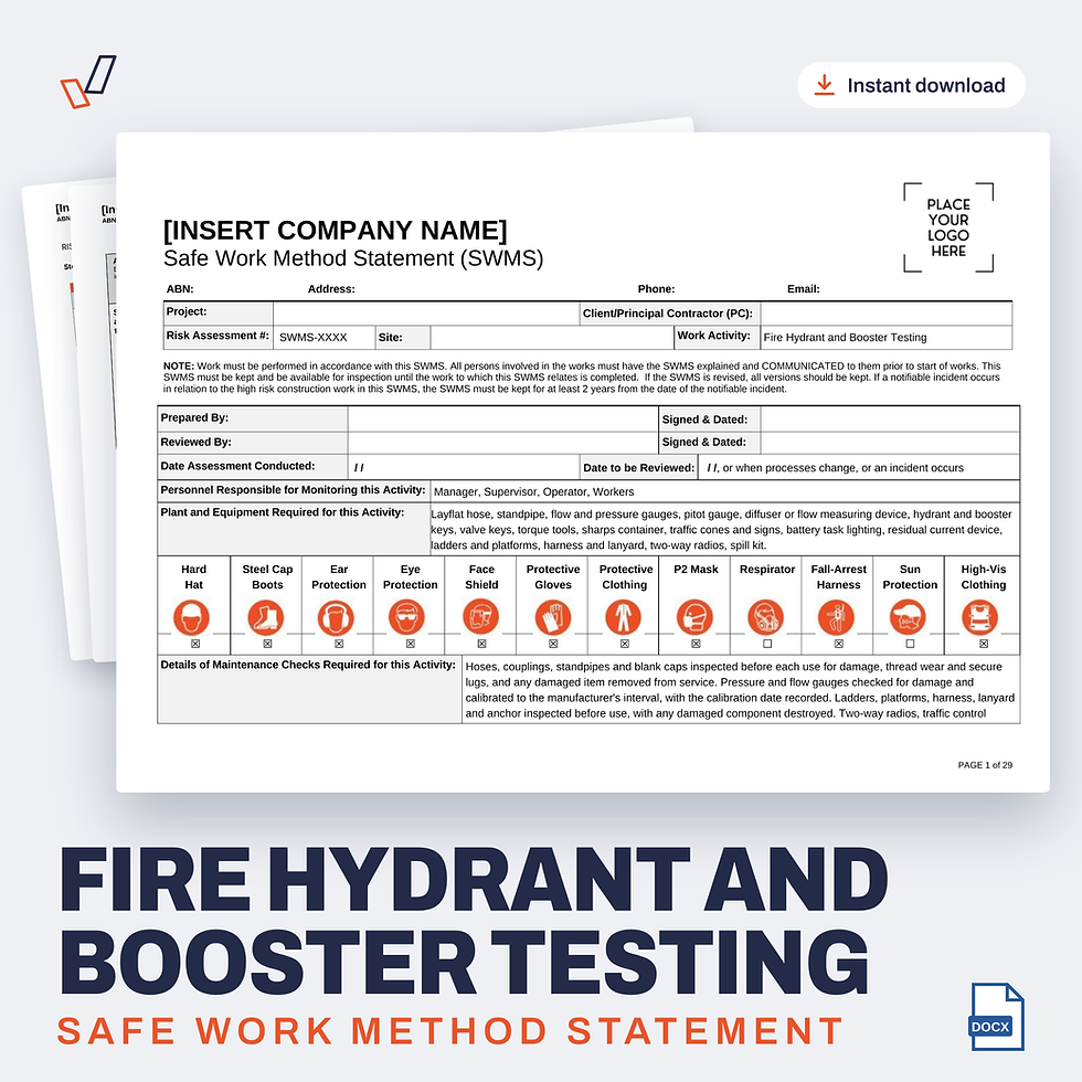 Fire Hydrant and Booster Testing SWMS editable Word template cover, Everything OHS