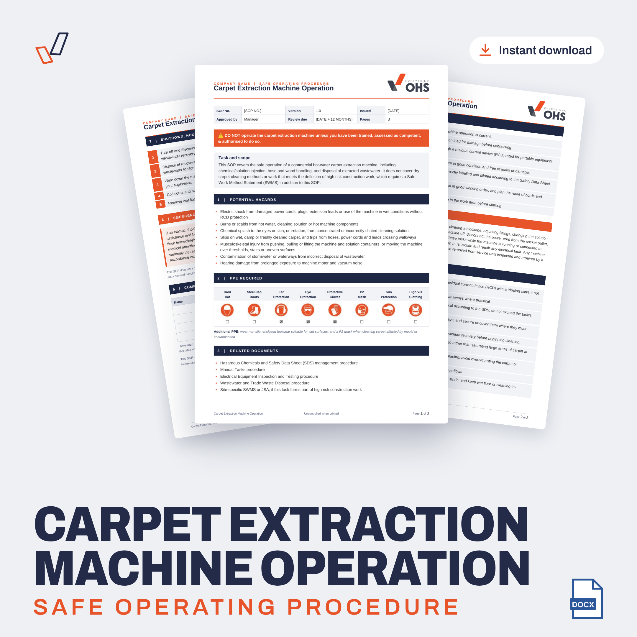 Carpet Extraction Machine Operation SOP editable Word template cover, Everything OHS