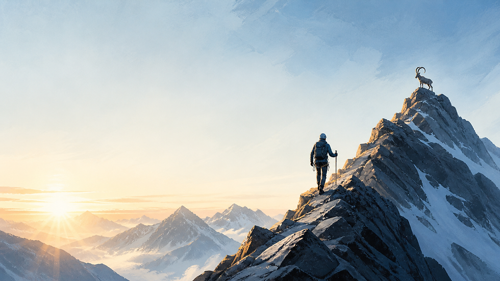 A mountaineer climbing a high ridge at sunrise, representing clarity, ambition, and a practical transformation journey.