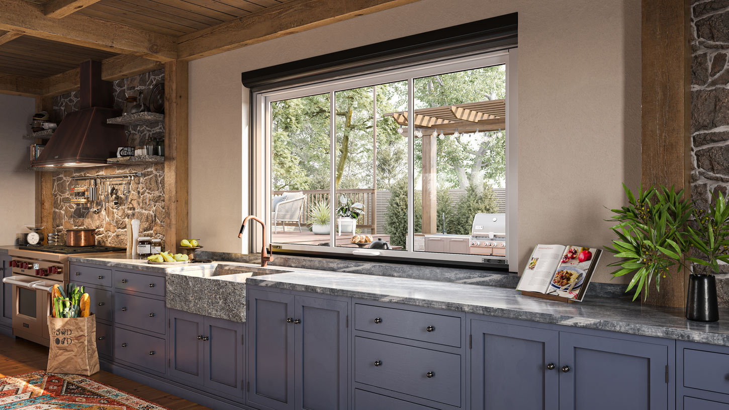 Flex Kitchen Interior View. Connect your indoor/outdoor space.Gas-Strut Window. 
