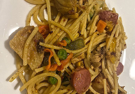 Stir-Fried Spaghetti with Chicken & Sausage