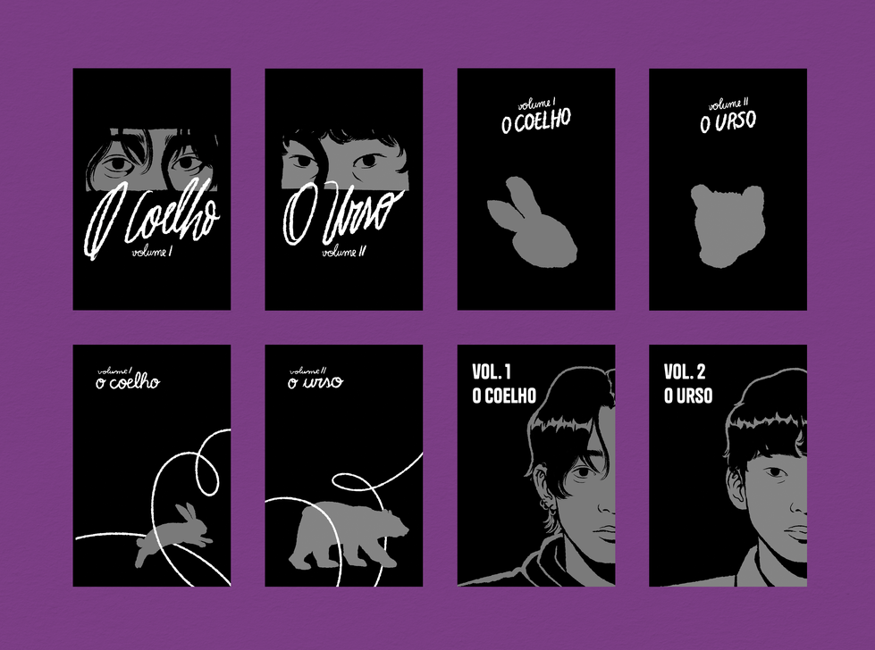 Sketches for the volume covers of "A história (talvez fatal) de como o coelho se apaixonou pelo urso".