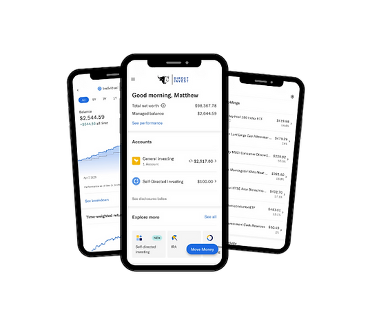 Three smartphones showing WBI Direct Invest account screens: portfolio performance, account overview, and holdings