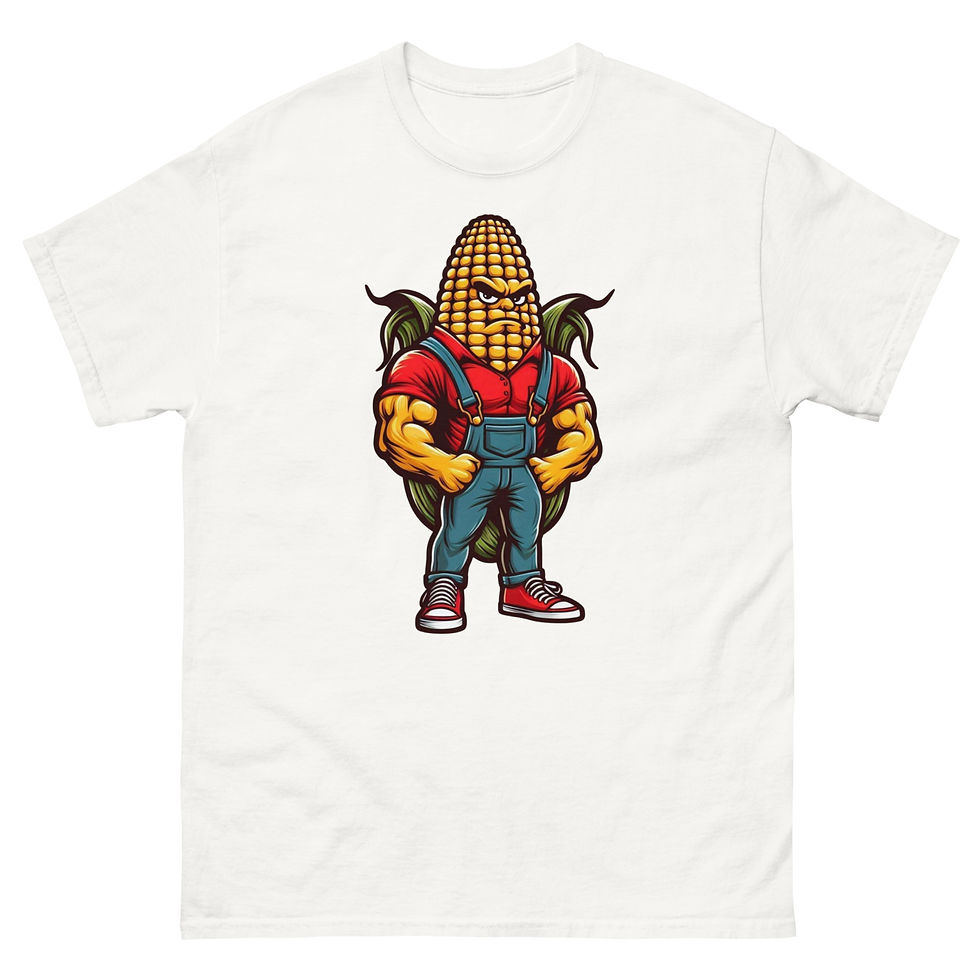 Thumbnail: Store product image showing mock-up of front of white "Corn Crusader T-Shirt" for sale.