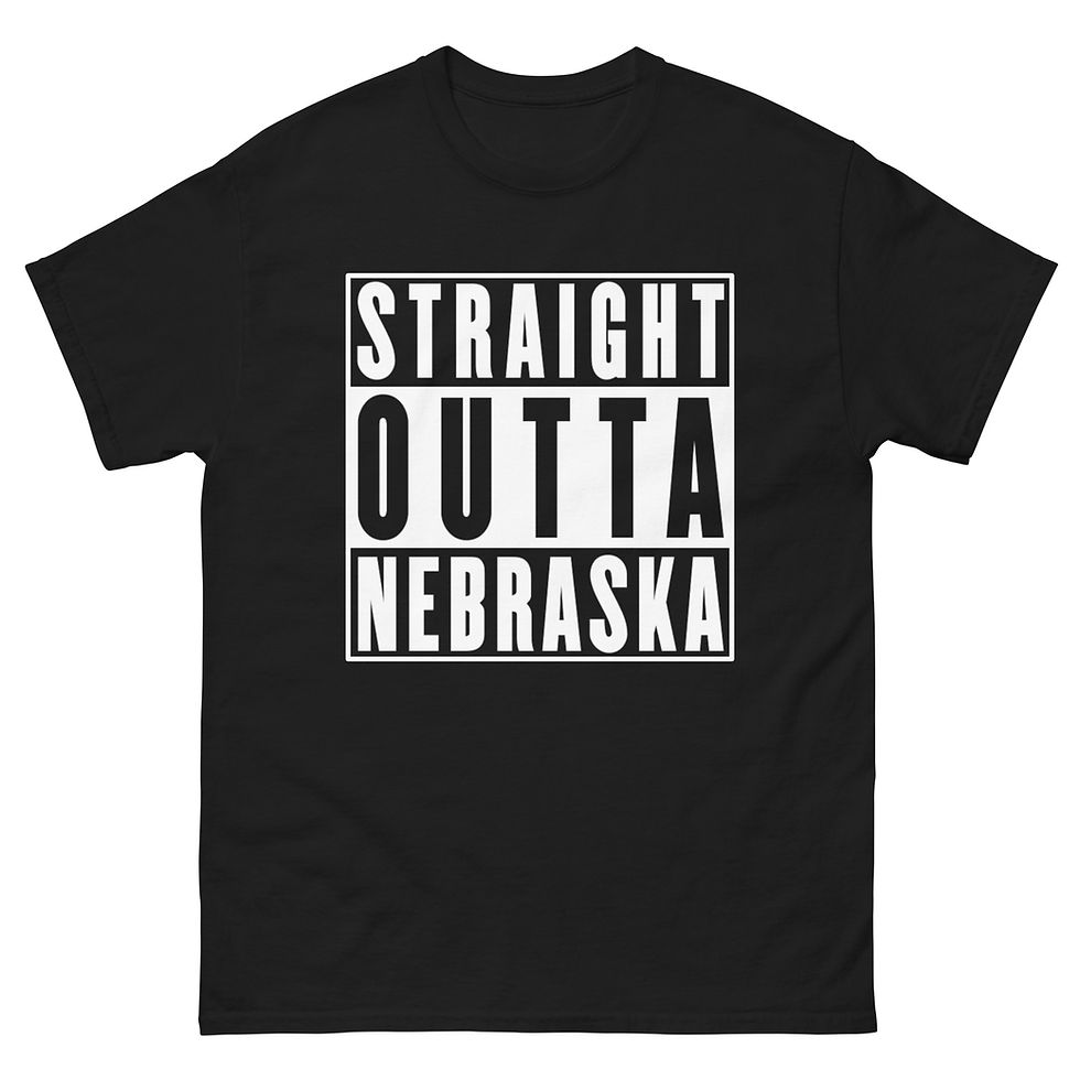 Store product image showing mock-up of front of black "Straight Outta Nebraska T-shirt" for sale  