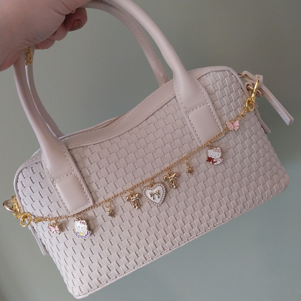 Cream textured handbag with gold chain handmade jewellery charms
