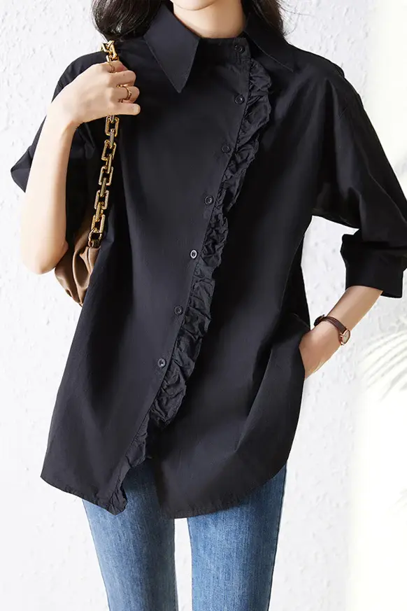 Thumbnail: 傾斜花邊紐扣中袖襯衫NYY6212656