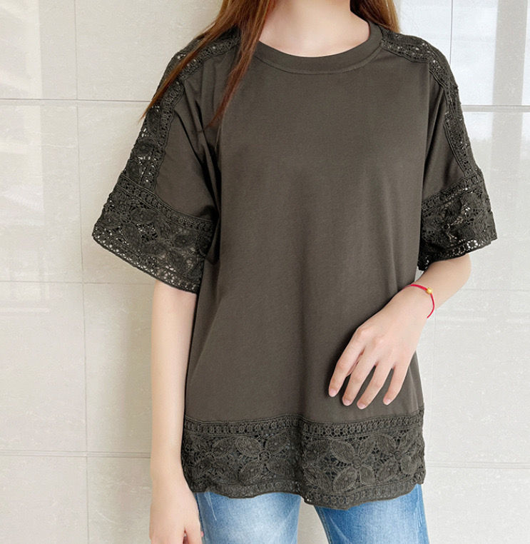 Thumbnail: Japanese round neck lace stitching 5 minute sleeve top NY6902176
