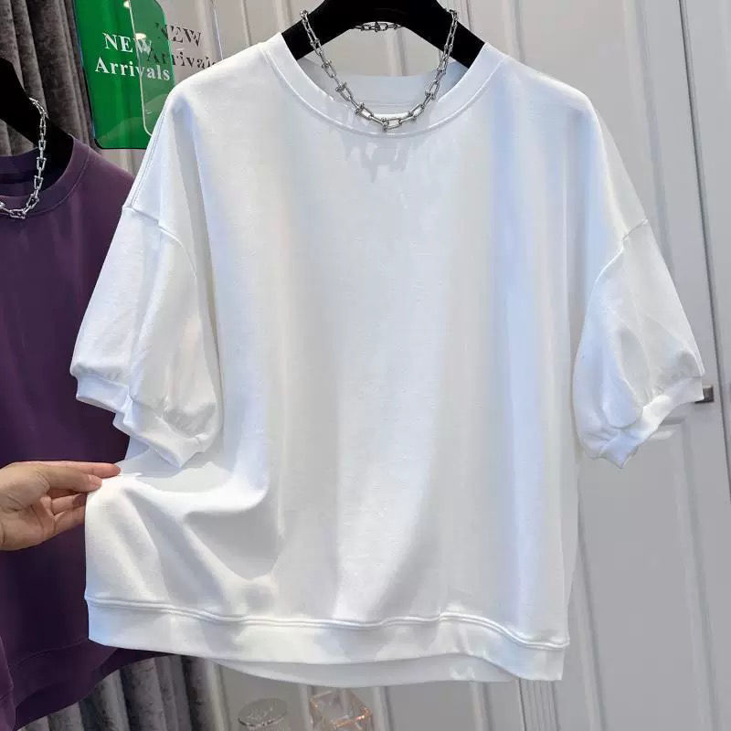 縮圖：純棉圓領泡泡短袖純色上衣