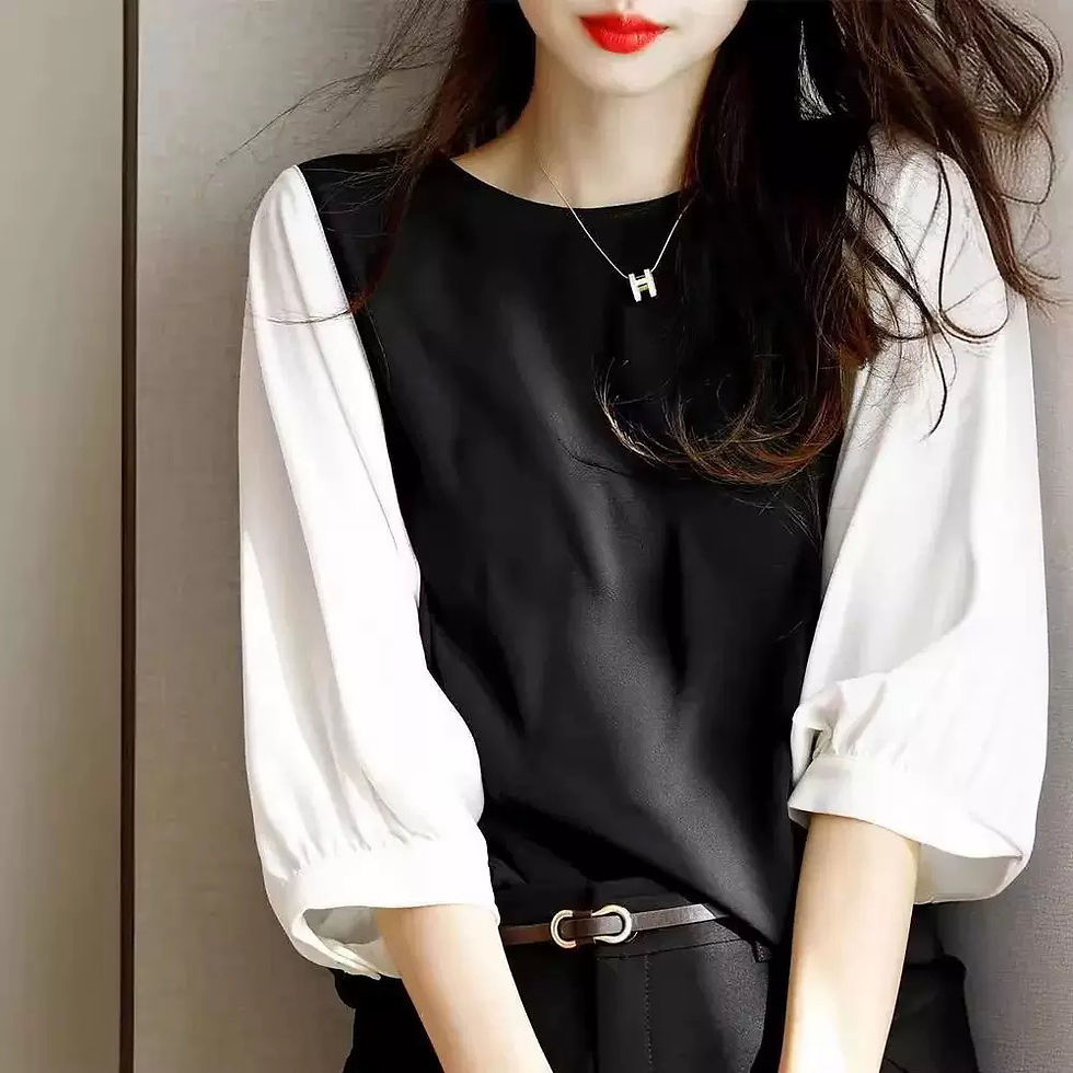 Thumbnail: Japan 🇯🇵 Japanese round neck lantern sleeve color matching top NY5792386