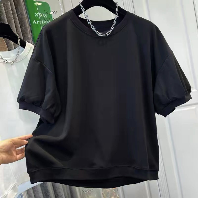 Thumbnail: 純棉圓領泡泡短袖純色上衣