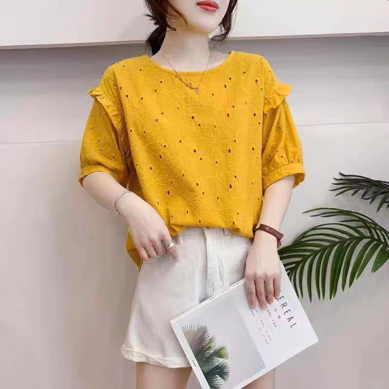 Thumbnail: 新款縷空花邊純棉短袖上衣NYY8012497