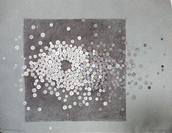 Dark Matter Dark Energy I; Chinese ink and colored pencil on blue speckled paper; 20ï€ x25.7