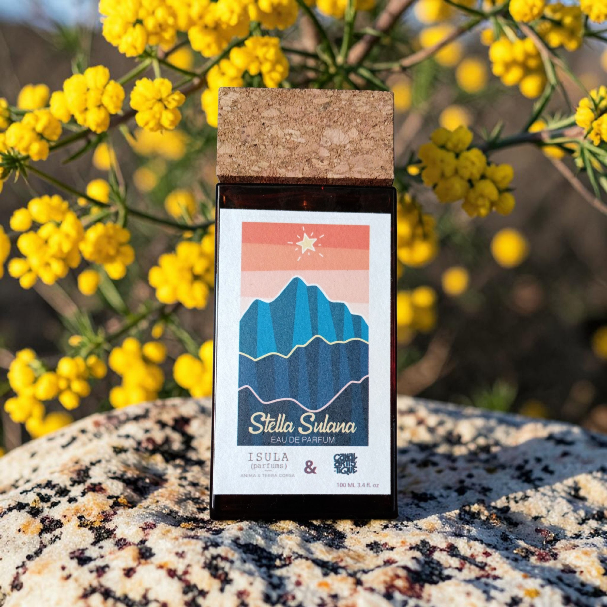 Eau de parfum. Isula Posez sur un rocher. Avec en fond du Mimosa.