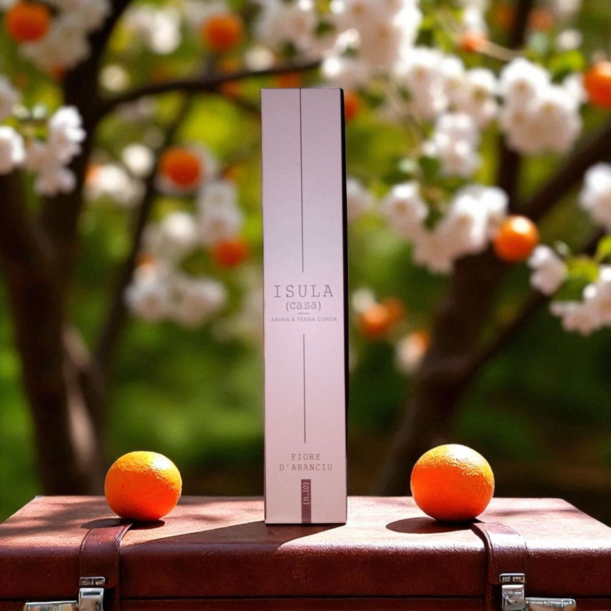 Parfum d'ambiance Isula posé sur une table en bois avec 1 orange de chaque côté
