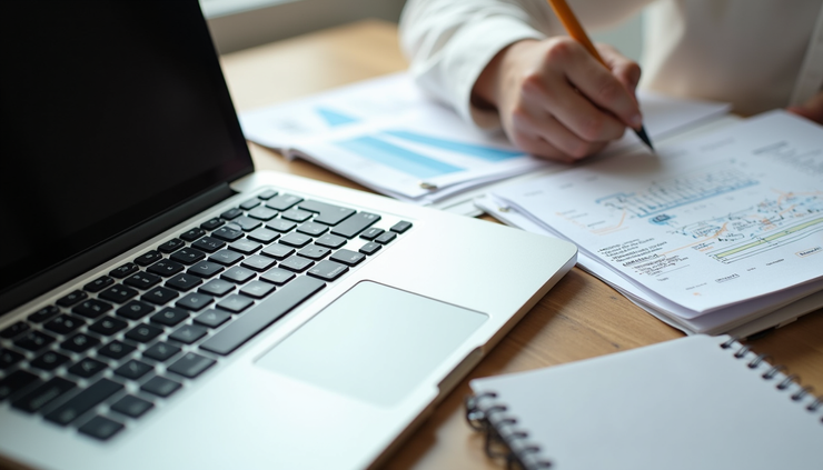 High angle view of a laptop and notebook with web design notes and wireframes