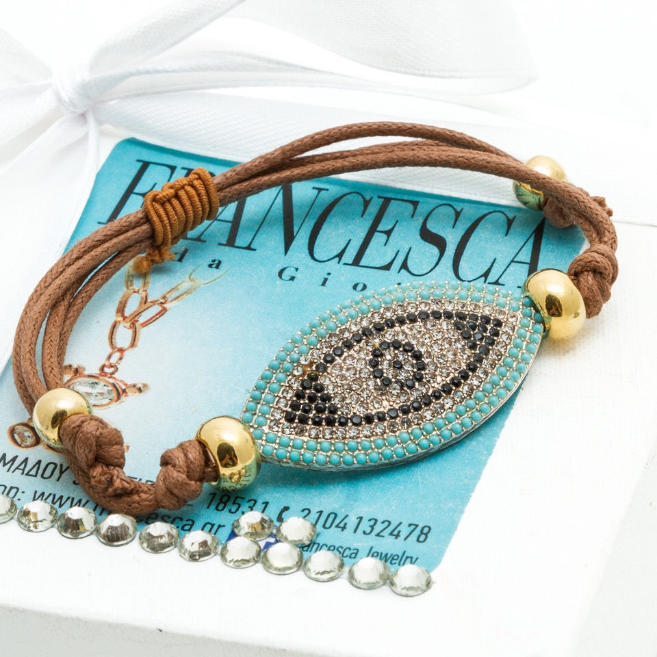 Fb7416 Χειροποίητο βραχιόλι με κορδόνι και μάτι με λευκά & τυρκουάζ κρυσταλκάκια