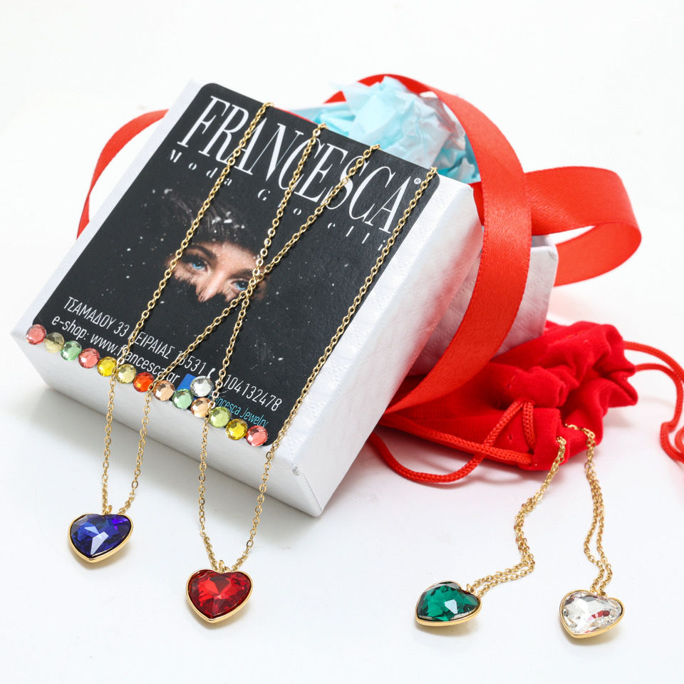 Fn8164 Ατσάλινο κολιέ 45 εκατ,με λαμπερή καρδιά,σε υπέροχους χρωματισμούς.