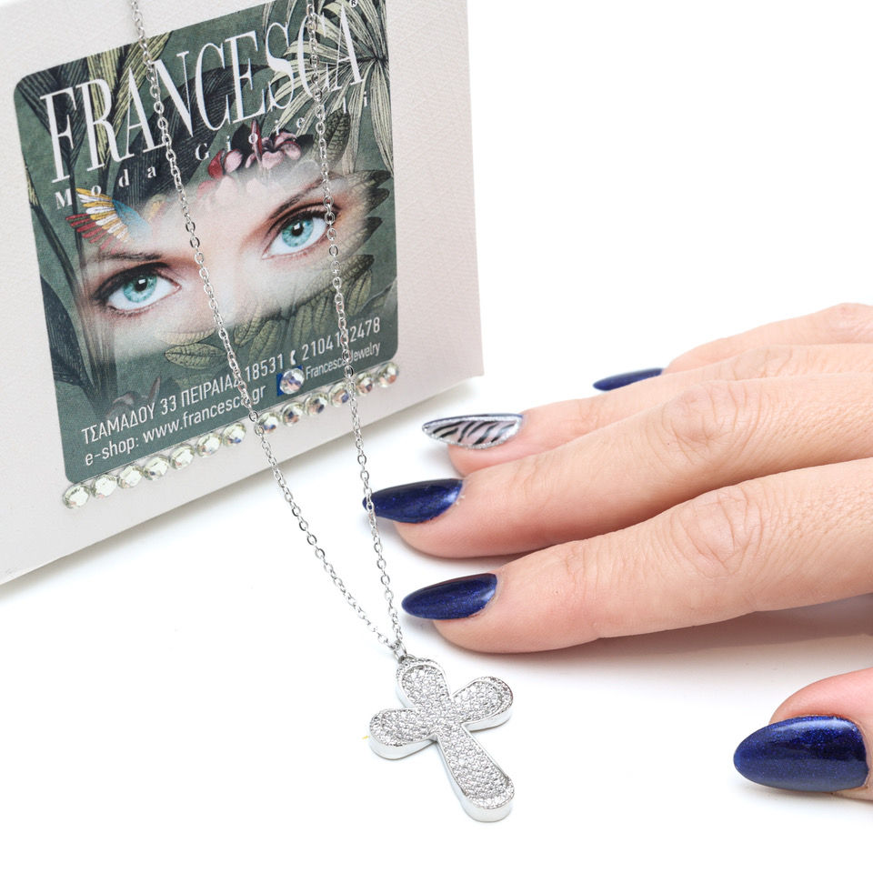 Fn7645 Ατσάλινος περίτεχνος Σταυρός με λαμπερά κρυσταλλάκια.