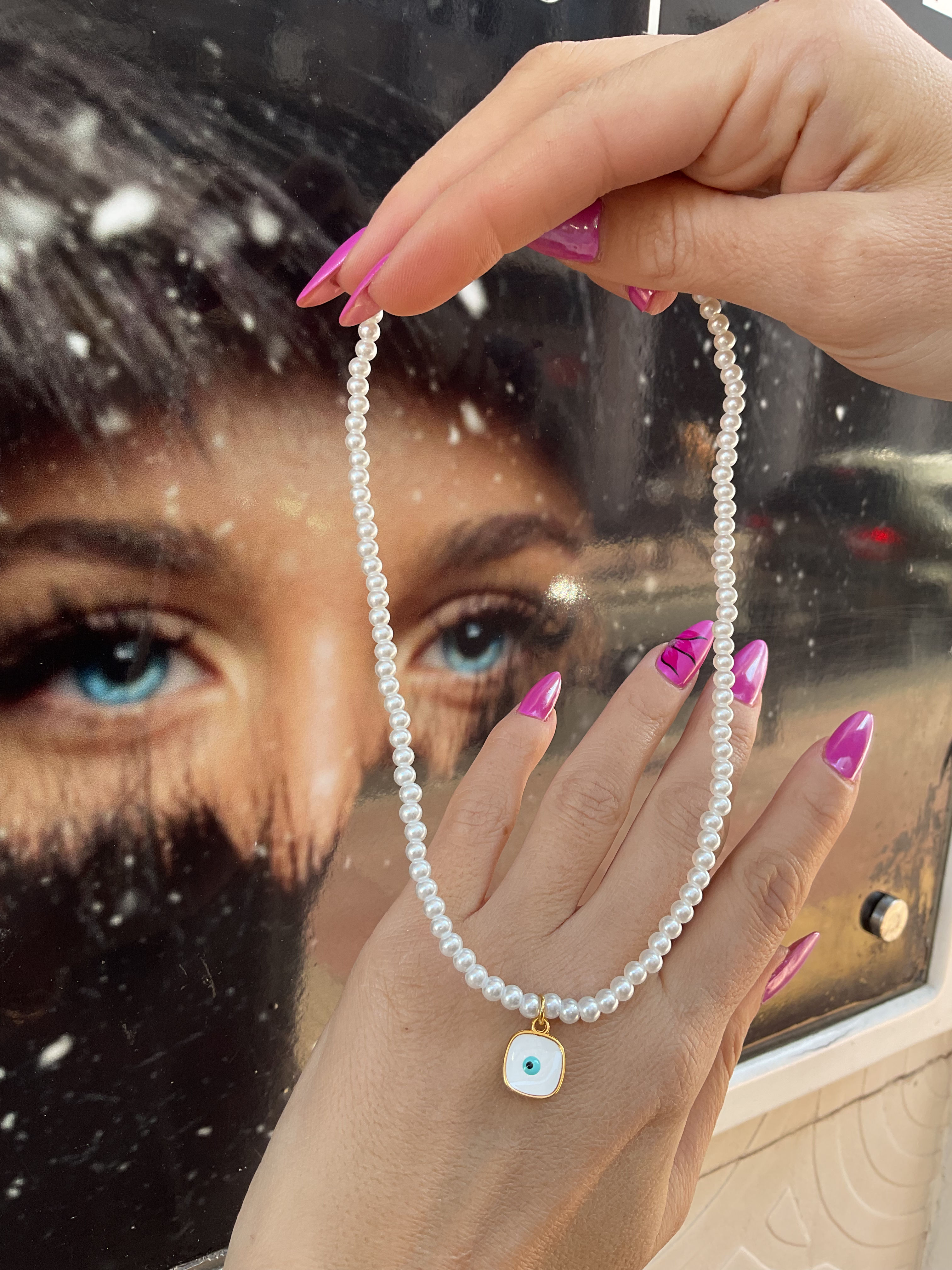 Fn8664 Ατσάλινο χειροποίητο κολιέ πέρλα με μάτι.