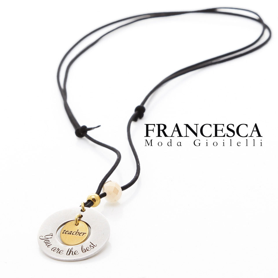 Fn7923 Ατσάλινο κολιέ Best teacher,με μαύρο κορδόνι,σε υπέροχη συσκευασία!