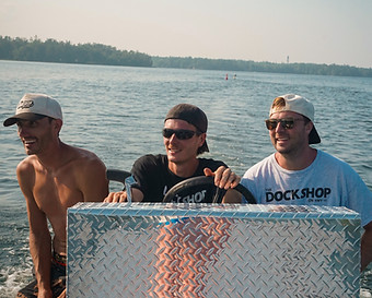 Max Verdonk, Mitchell Goslar and Neil Nicholson on the barge on Sparrow Lake