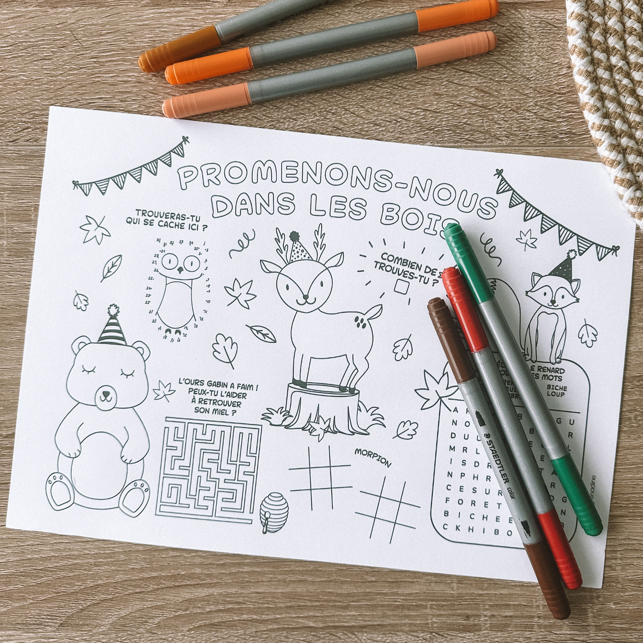 Set de table à colorier Animaux de la forêt