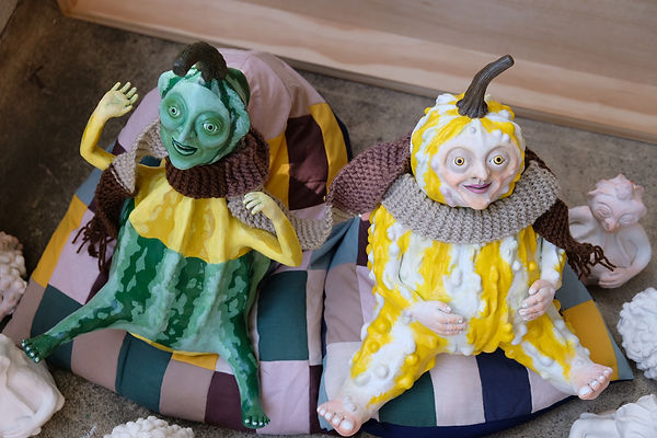 The Glorious Gourd Gang, mixed media sculpture by Clarine Wilmar