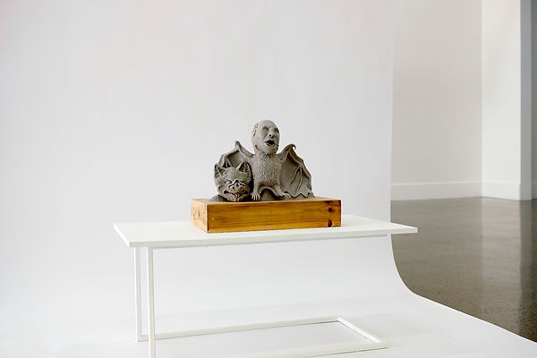 Installation shot of No I don't eat bats, at rmit project space gallery, bat sculpture by Clarine Wilmar
