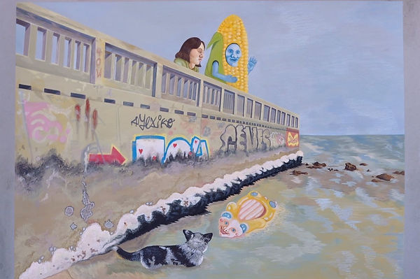 Elwood Foreshore concrete pier, colour pencil and gouache drawing by Clarine Wilmar