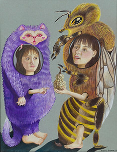 'Conversations with my younger self' coloured pencil on paper, a purple cat suit and a bee suit