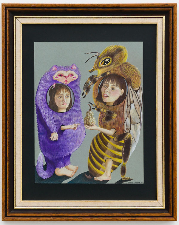 Conversations with my younger self, framed colour pencil drawing by Clarine Wilmar