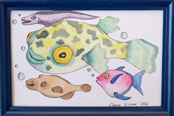 a watercolour painting of multiple colourful fish they have happy expressions
