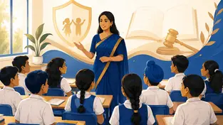 Illustration of a teacher and students in a classroom representing POCSO awareness and child safety in Indian schools