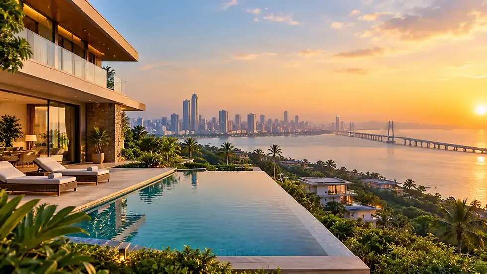 Luxury villa with infinity pool overlooking a city skyline and long bridge at sunset over calm water.