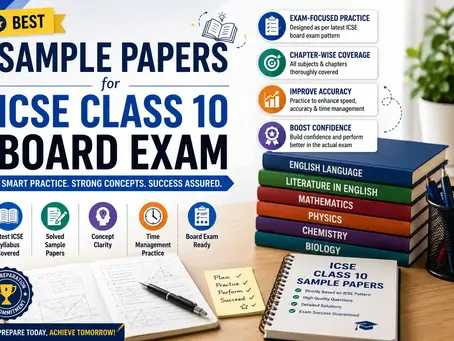 ICSE Class 10 sample papers ad with stacked textbooks, study notes, pen, and exam-focused practice benefits on a desk.