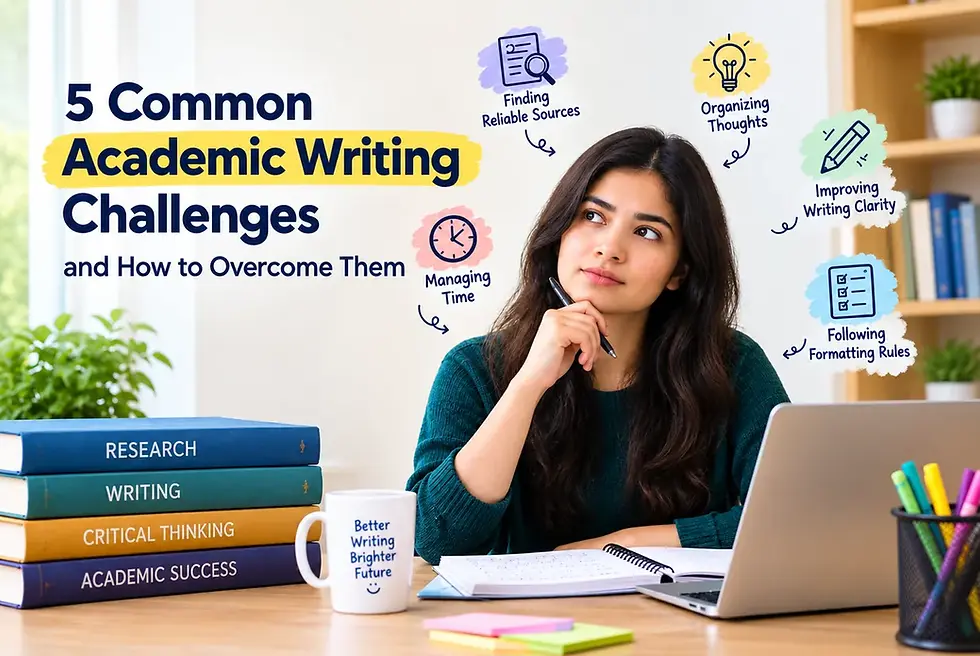 Student at desk with laptop and notes beside books; graphic reads 5 Common Academic Writing Challenges and How to Overcome Them