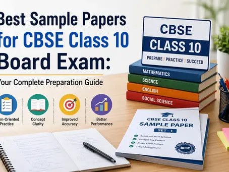 CBSE Class 10 sample paper prep ad with stacked subject books, notebook and pen on desk, and bold exam guide text